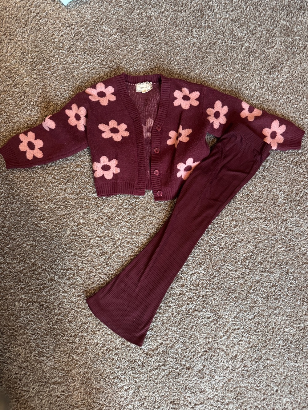 btween Burgundy and Pink Floral sweater with matching Bootcut pants